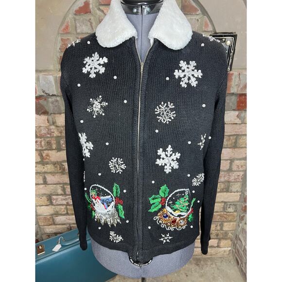 Christmas cardigan sweater snow globe embroidered beaded fuzzy collar - Picture 1 of 11